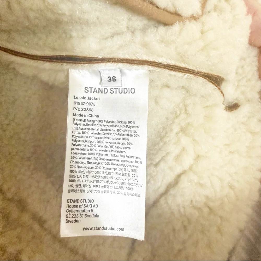 Stand Studio Lessie Faux Leather & Shearling Brown Cream Jacket size 36/US 4 NEW - Picture 12 of 12